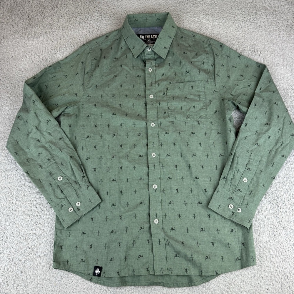 Ski The East Showboat Green Mens Medium Skier Pattern Button Down Shirt